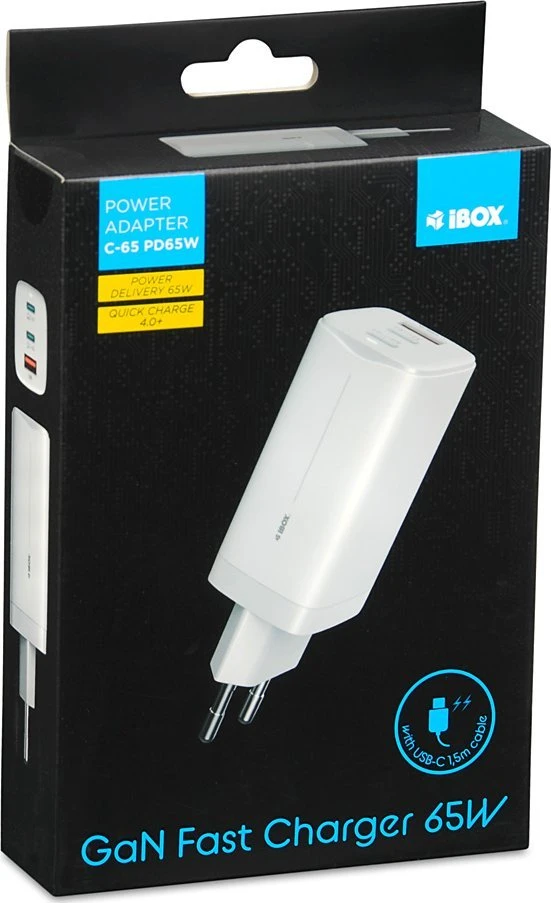 IBOX C-65 PD65W UNIVERSALUS Įkroviklis GaN USB-C CABLE Baltas