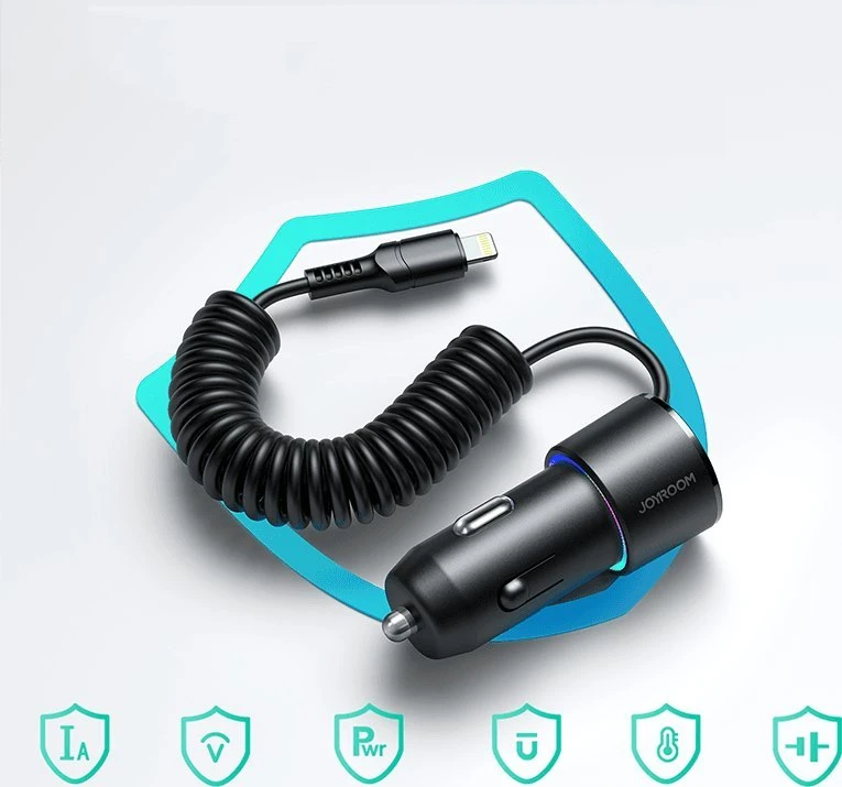 Automobilinis įkroviklis Joyroom JR-CL25, 2x USB + Lightning laidas (juodas)