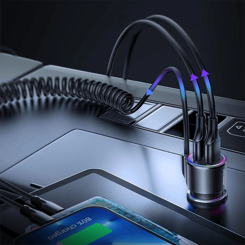 Automobilinis įkroviklis Joyroom JR-CL25, 2x USB + Lightning laidas (juodas)