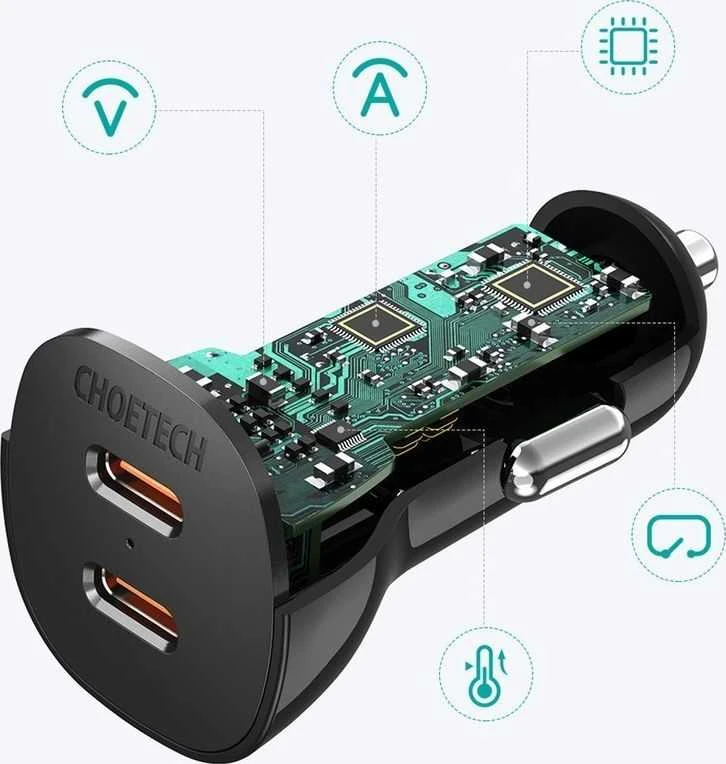 Kroviklis CHOETECH 2xUSB-C: 12-24V, 40W, QC3.0+ PD