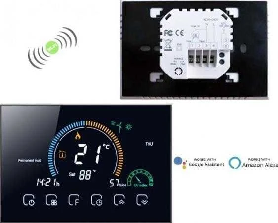 Renov8 Smart Wi-Fi termostatas su spalvotu LCD dujiniam katilui su sausu kontaktu - suderinama 86x86 ir apvali 60 mm dėžė