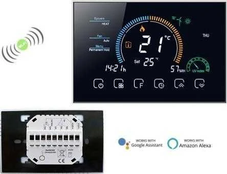 „Renov8“ išmanusis „Wi-Fi“ termostatas su spalvotu LCD, skirtas 2/4 vamzdžio fan-coil – suderinama 86x86 ir apvali 60 mm dėžė