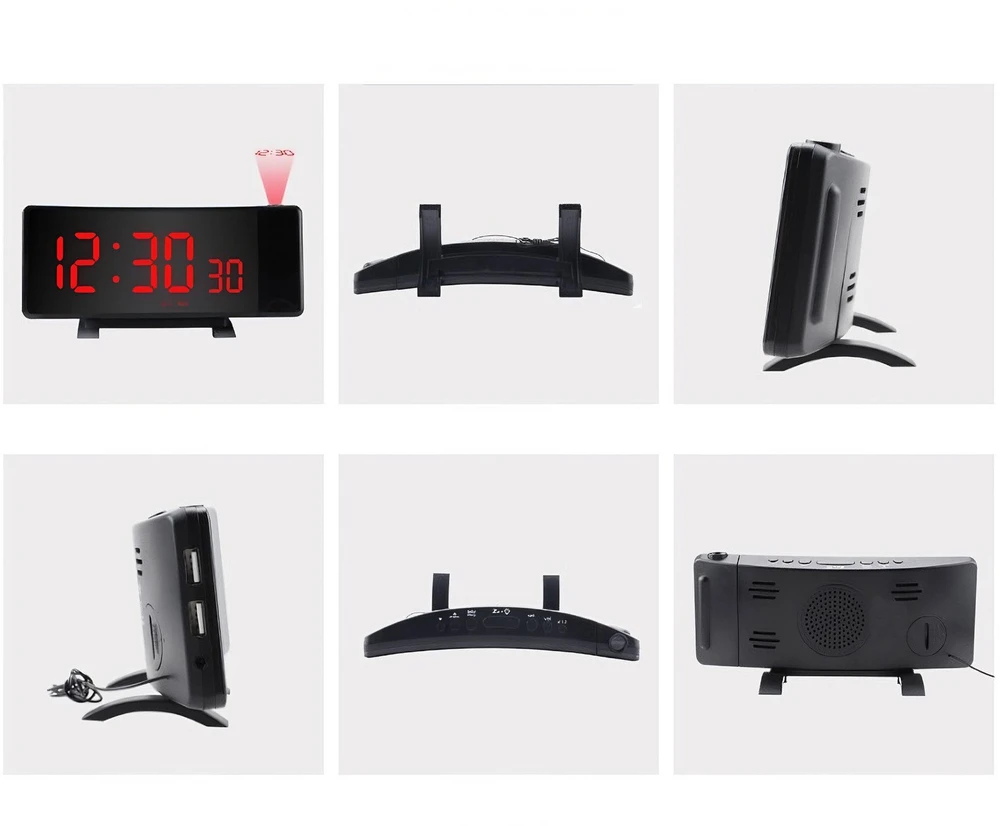 Retoo Radijo žadintuvas Žadintuvas-radijas su projektoriumi, juodos spalvos, garsus žadintuvas su USB ir LED ekranu, XL dydžio