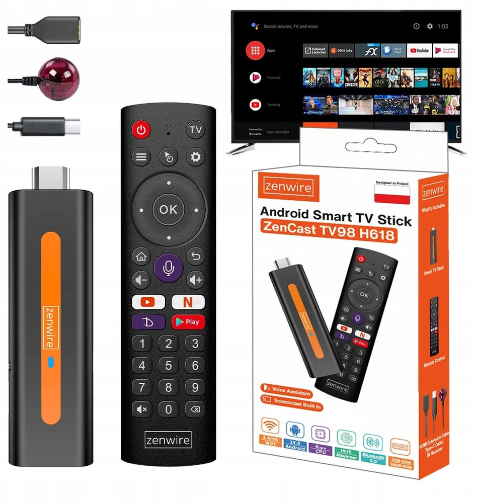 Vaizdo grotuvas Multimedijos grotuvas Retoo Grotuvas Multimedialny Przystawka Android 14 Smart TV Stick Box WiFi 2/16 ZENWIRE TV98 H618
