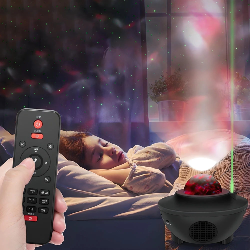 Žvaigždžių projektorius vaikams, besisukanti naktinė lempa, LED projektorius, USB + nuotolinio valdymo pultas - E785