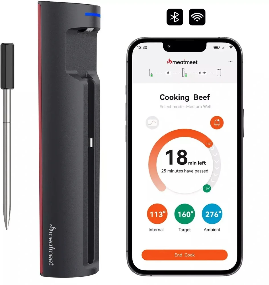 Virtuvinės svarstyklės Metapen „Meatmeet X Pro“ virtuvės termometras su „Bluetooth“ / „WiFi“ programėle kepsninei, orkaitei, rūkyklai - Juoda