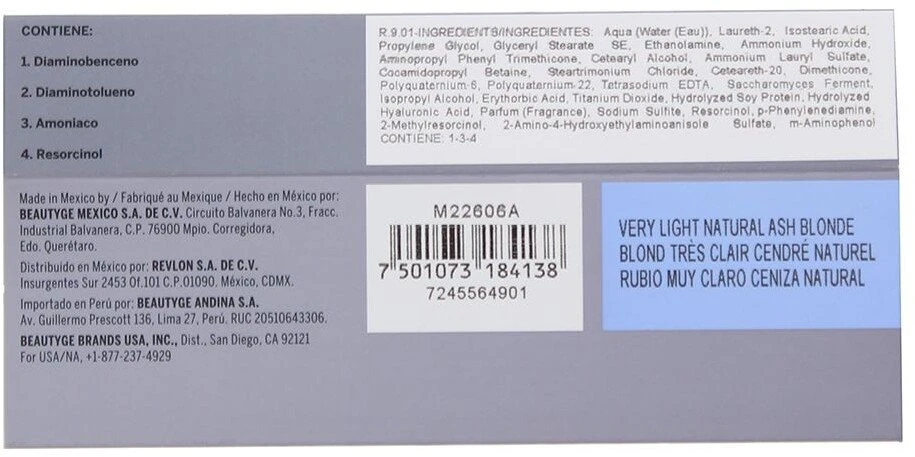„Revlon Revlonissimo Colorsmetique KER-HA Complex™“ su pagrindiniais ingredientais, tokiais kaip hialurono rūgštis, fitokeratinas, antioksidantai, sojų baltymai. Ilgalaikiai plaukų dažai 9.01 Labai šviesūs natūralūs pelenai. Skirtas šviesiems plaukams, 60 ml.