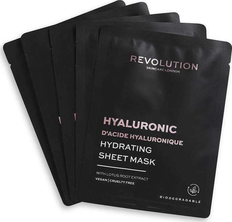 Revolution Skincare Hyaluronic Acid Hydrating Sheet Mask drėkinamoji lakštinė kaukė su hialurono rūgštimi 5vnt.
