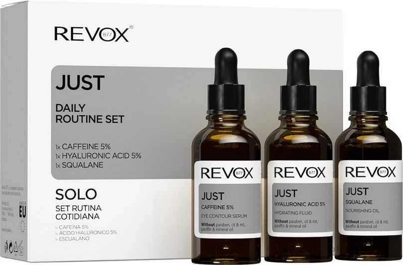 Dienos rutinos rinkinys „Revox B77“: „Just Squalane“ drėkinamasis aliejus veidui, 30 ml + „Just Caffeine 5% Anti-Tomato Dark Crayols“ dieninis paakių serumas, 30 ml + „Just Hyaluronic Acid 5% Hydrating Fluid“ veidui, 30 ml