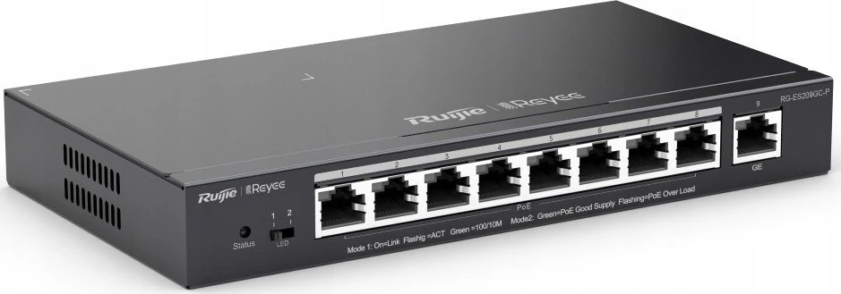 Šakotuvas 9 prievadų, 8 PoE prievadų komutatorius Ruijie Reyee RG-ES209GC-P