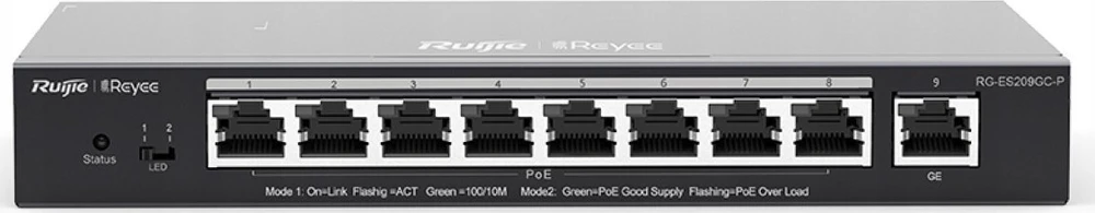 Šakotuvas 9 prievadų, 8 PoE prievadų komutatorius Ruijie Reyee RG-ES209GC-P