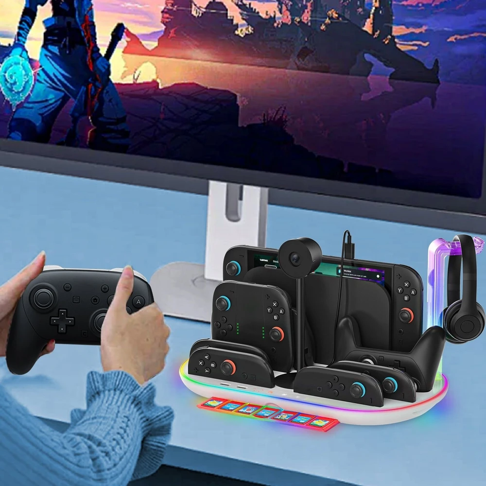 JYS Įkrovimo stotis RGB + Organizatorius skirtas Nintendo Switch 2 NS 2 Joy-Con Pro Pad NS2322-V1 Balta (SB11128)