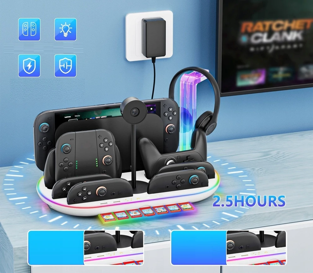 JYS Įkrovimo stotis RGB + Organizatorius skirtas Nintendo Switch 2 NS 2 Joy-Con Pro Pad NS2322-V1 Balta (SB11128)