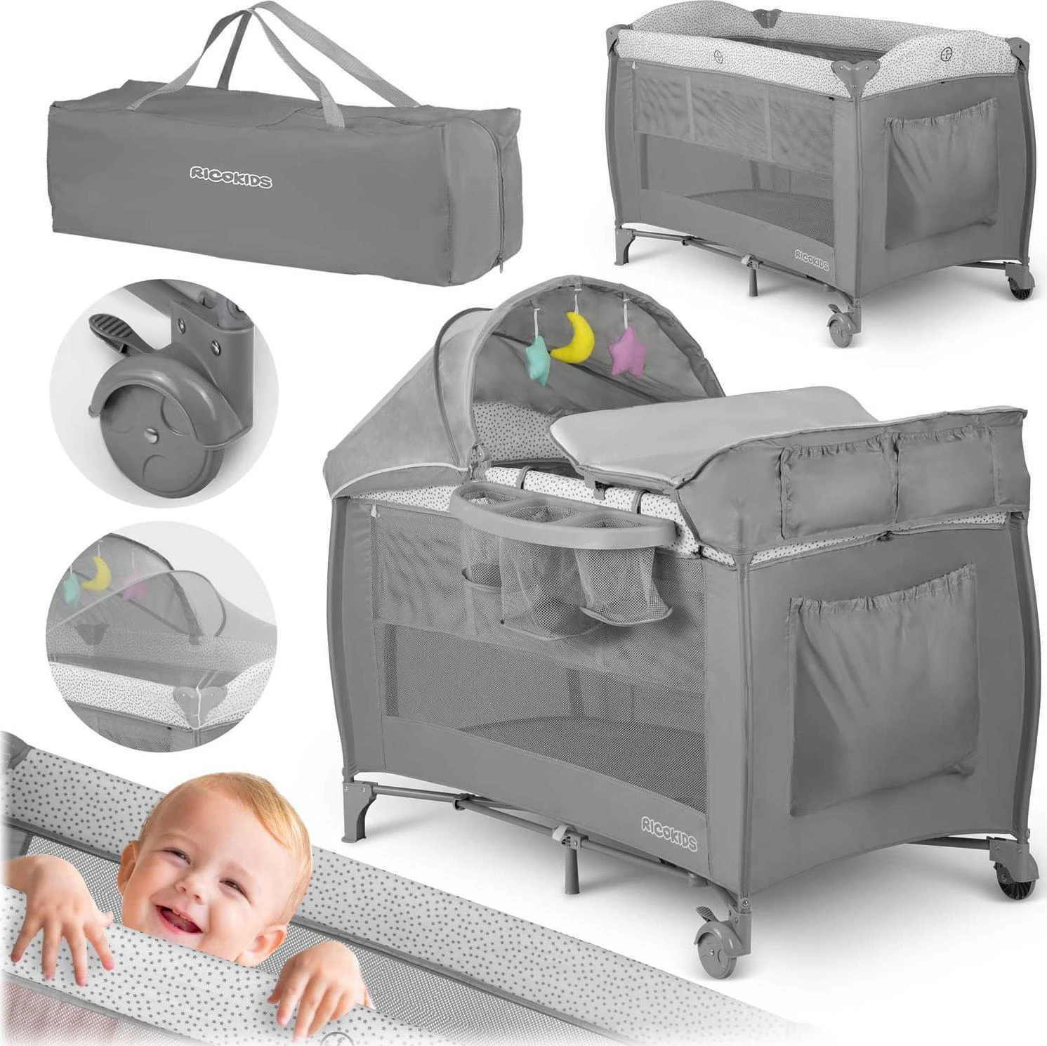 Ricokids Kelioninė lovytė su čiužiniu ir krepšiu 127,5 x 66 x 82 cm RK-242, pilka