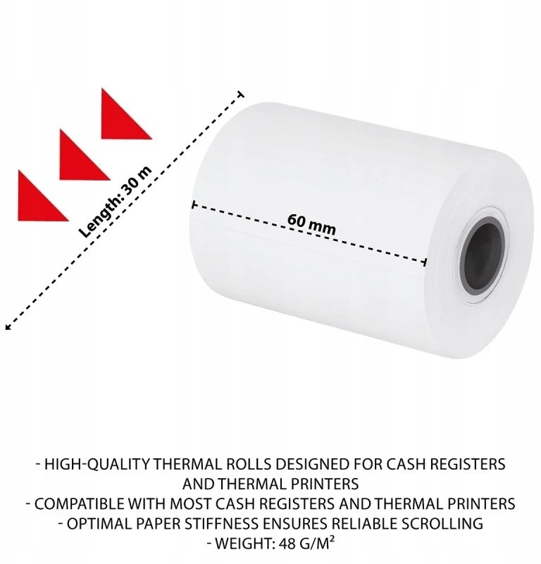 OFFICE PRODUCTS Terminis popierius ritinėliais OFFICE PRODUCTS, 60 mm x 30 m, gr. 48 +/- 6, 10 vnt., balti