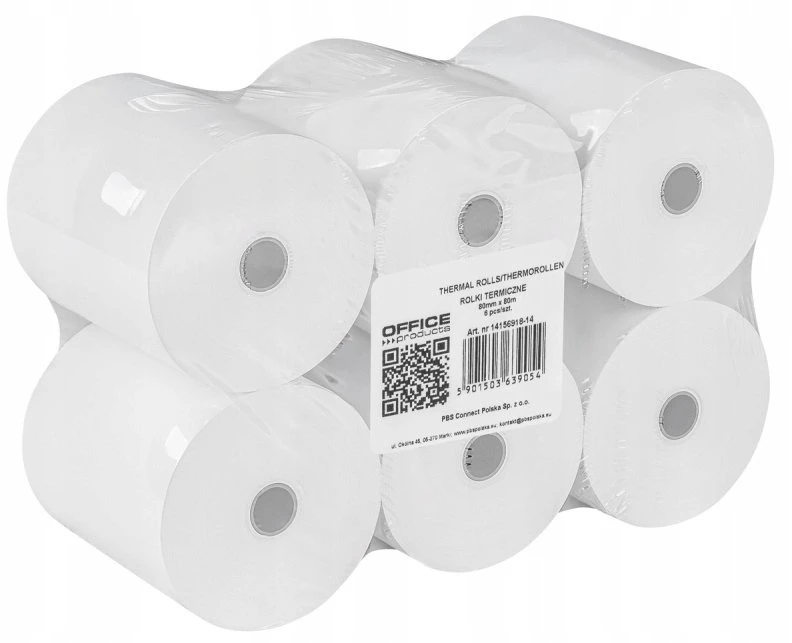 „OfficeProducts“ termoritiniai popieriaus ritinėliai „OFFICE PRODUCTS“, 80 mm x 80 m, 48 +/- 6 g, 6 vnt., balti