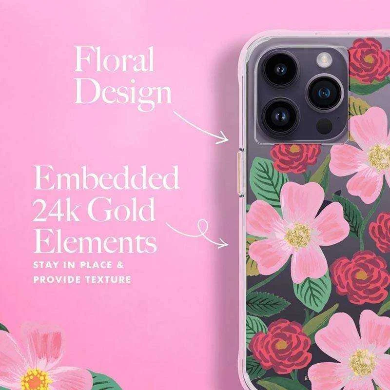 Dėklas Rifle Paper Clear - Case decorated in auksinis for Apple iPhone 14 Pro Rose Galden