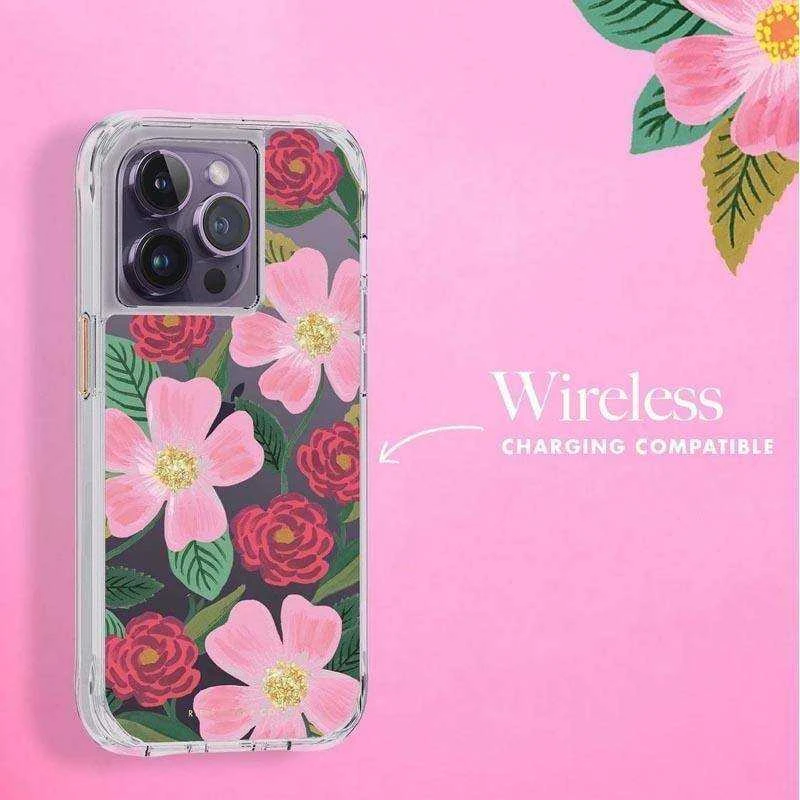 Dėklas Rifle Paper Clear - Case decorated in auksinis for Apple iPhone 14 Pro Rose Galden
