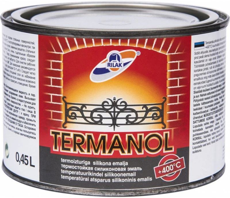 Karščiui atsparūs dažai RILAK TERMANOL iki 400 °C juoda 450 ml.