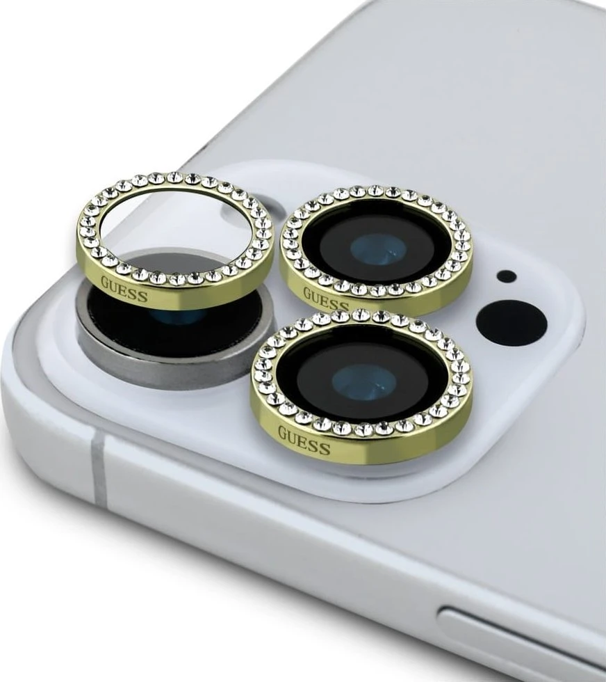 2 viename rinkinys Guess BP Rhinestone ekrano ir kameros objektyvo stiklinis sijonas Apple iPhone 16 Pro Max auksinis