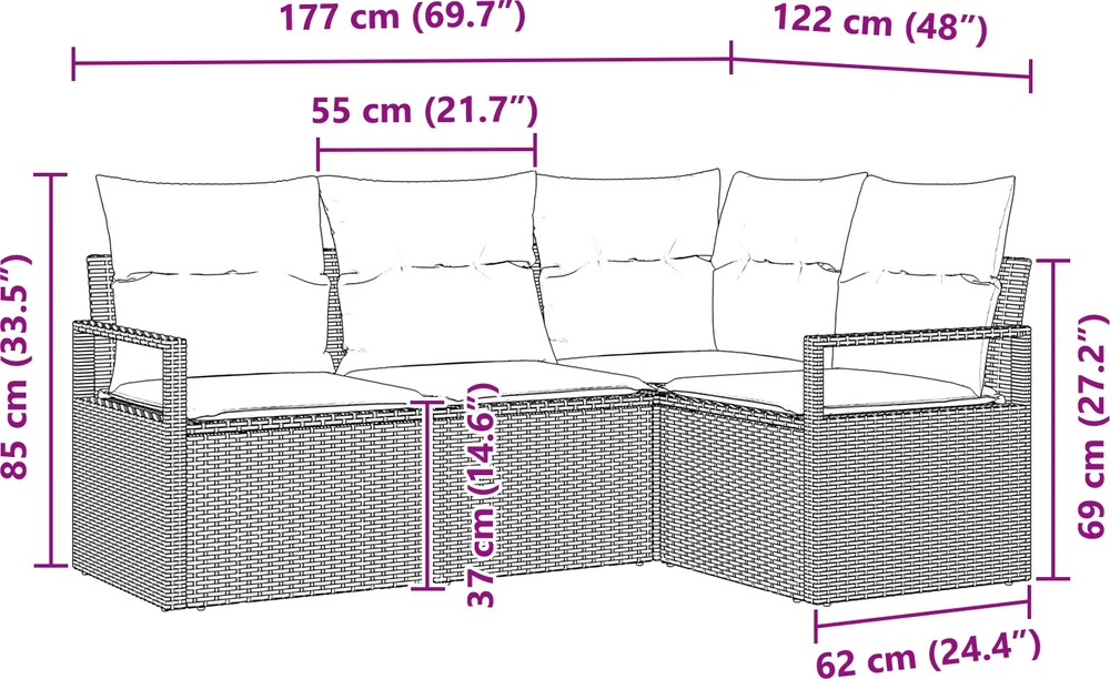Lauko baldų komplektas Sofos komplektas 4 pcs Šviesiai pilka poliratanas