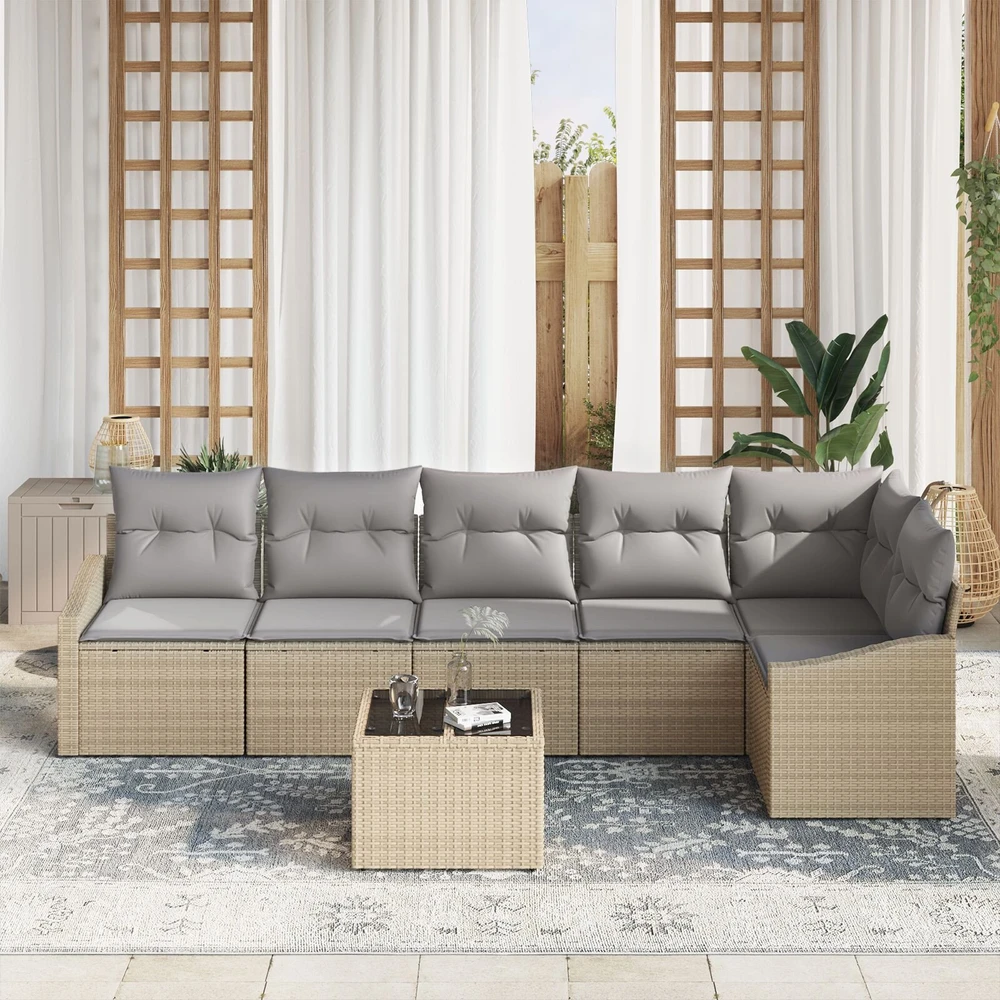 Lauko baldų komplektas Sofos komplektas 7 vnt. Smėlio poliratanas