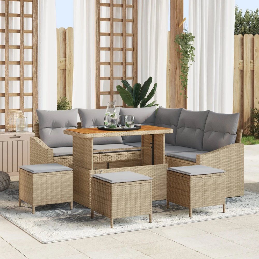 Sodo Sofų Rinkinys 9 vnt. 8-Vietų skaičius Smėlio Poli ratanas