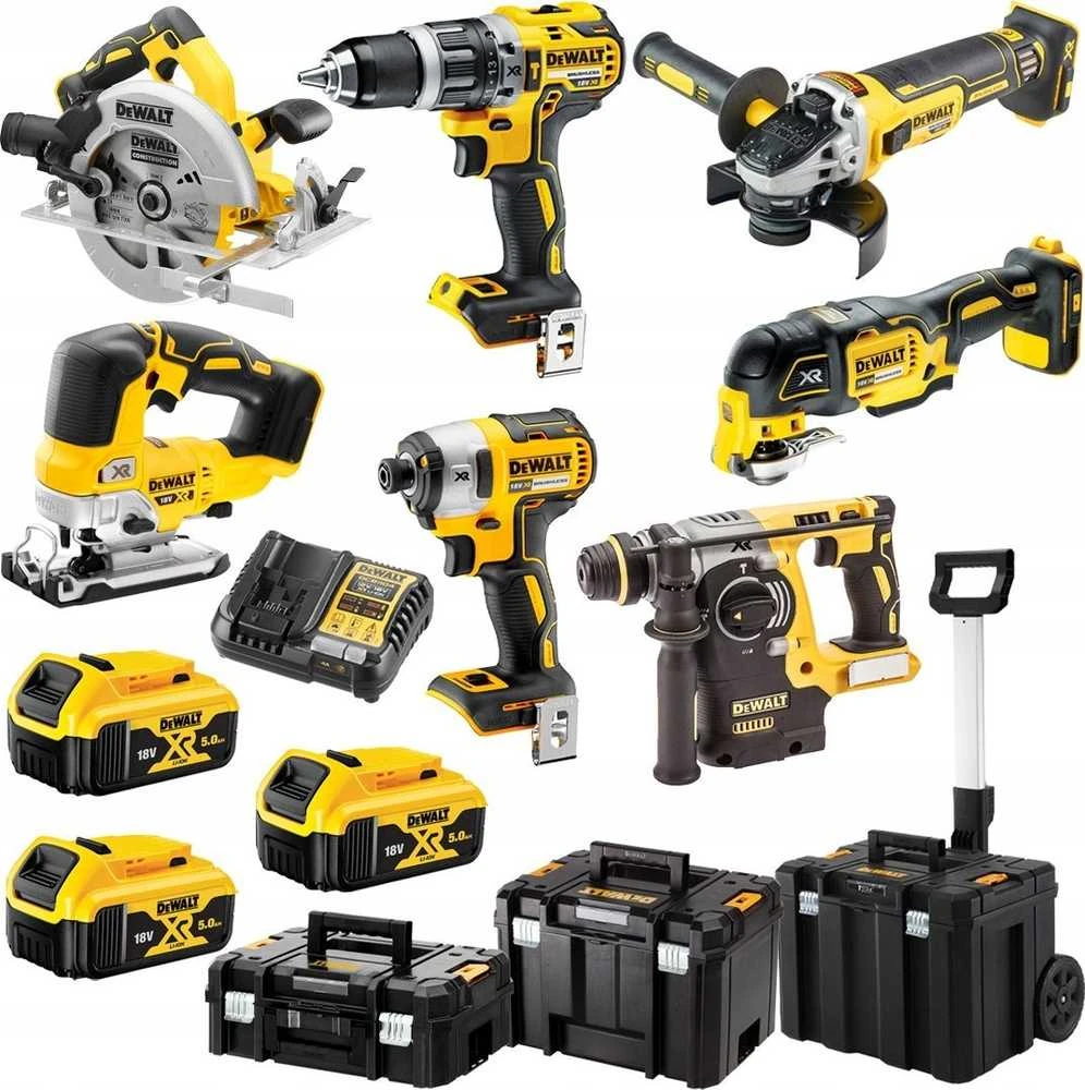 DeWalt Akumuliatorinis įrankių rinkinys DCK755P3T, DCD796+DCF887+DCS355+DCS334+DCH273+DCG405+DCS570, 18V XR, 3x5.0Ah, Li-Ion, TStak