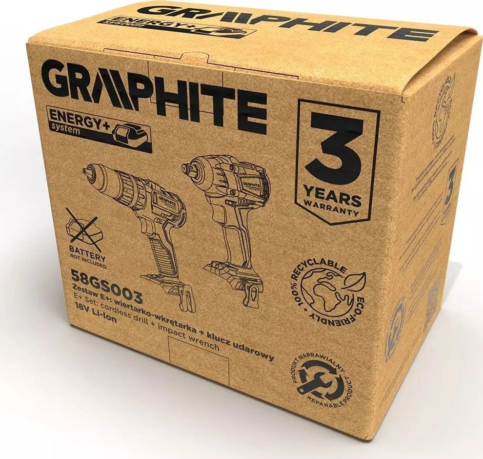 Graphite Rinkinys Rinkinys E+: 58g028 bešepetis smūginis veržliasukis su 58G020 bešepetėliu smūginiu gręžtuvu-suktuvu