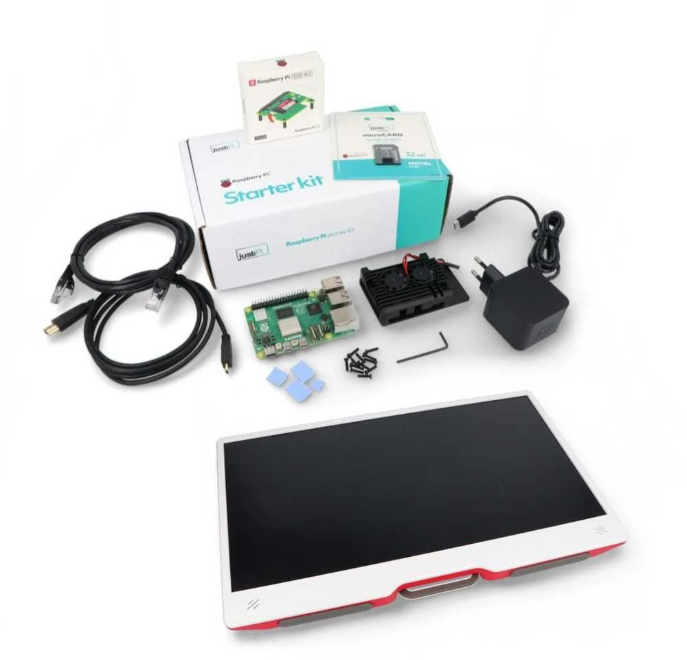 justPi Pro rinkinys su Raspberry Pi 5 8 GB + SSD + monitoriumi + 32 GB Micro SD + priedais