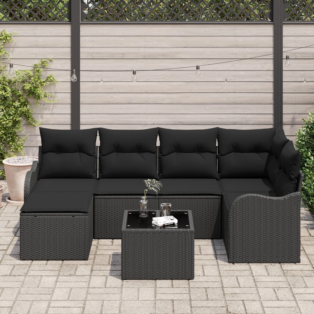 Sodo Sofų Rinkinys su pagalve 7 pcs Juoda Poli ratanas