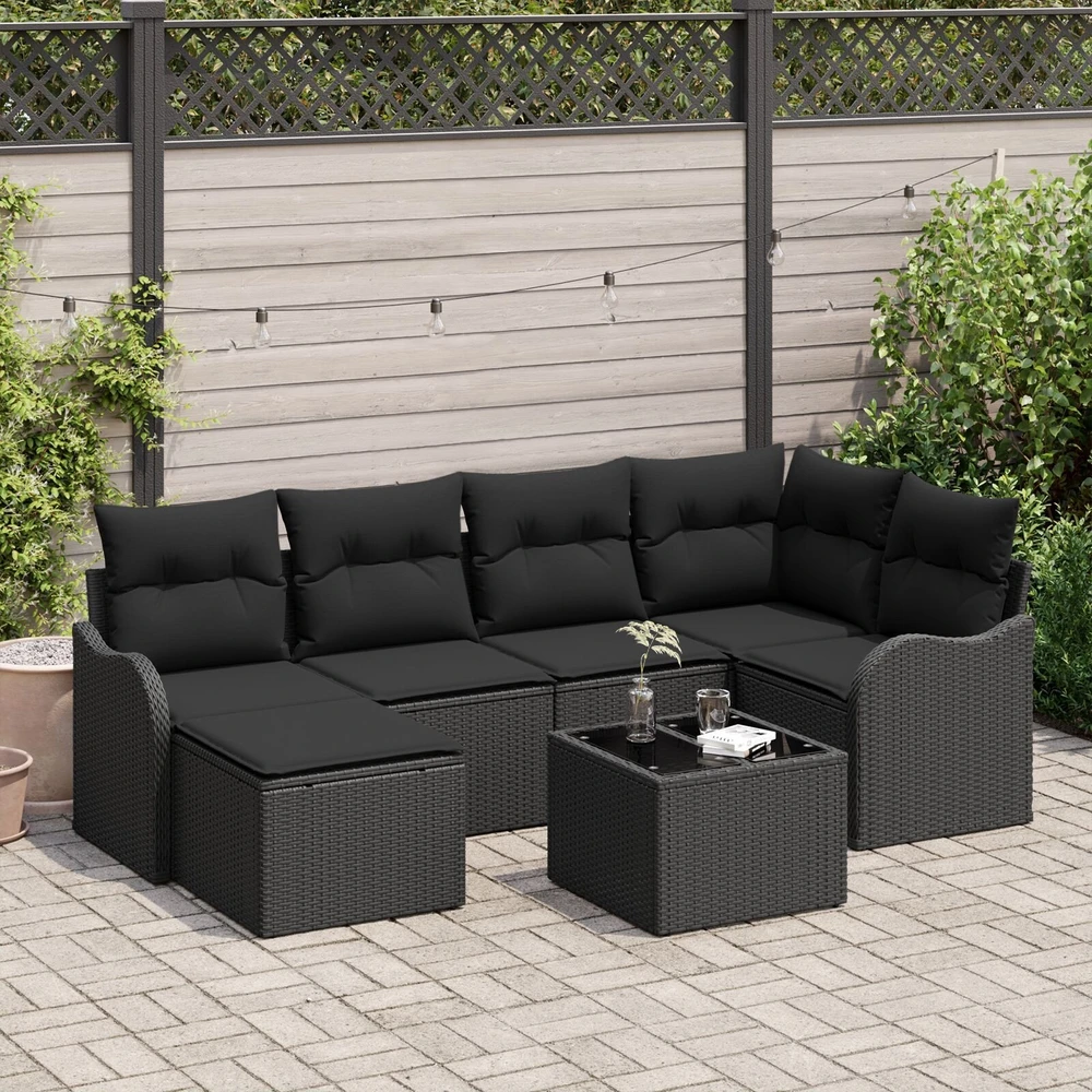 Sodo Sofų Rinkinys su pagalve 7 pcs Juoda Poli ratanas