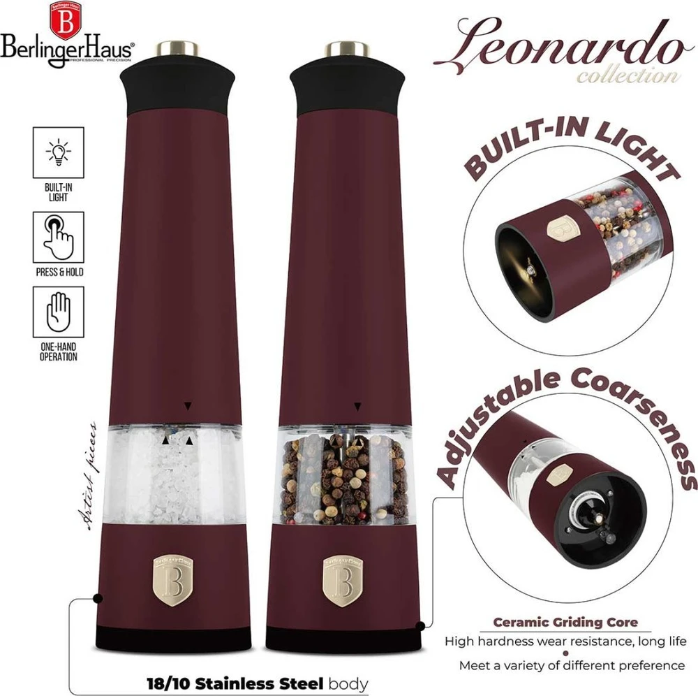 Berlinger Haus Pipirų ir druskos elektrinių malūnėlių komplektas (2 vnt.) Berlinger Leonardo Collection BH-9555