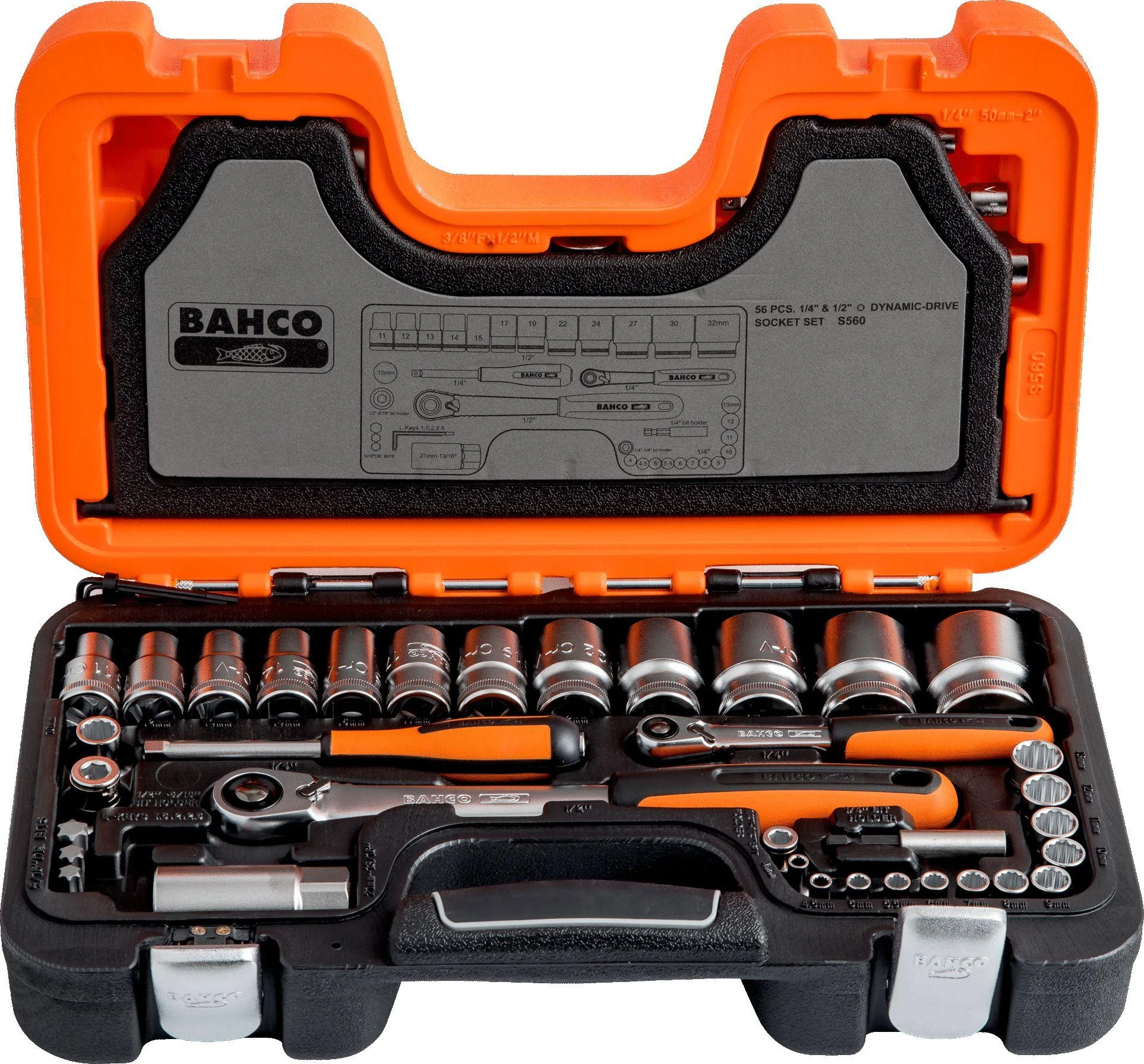 Bahco Galvučių, terkšlių ir priedų rinkinys 1/4" ,1/2" 56vnt