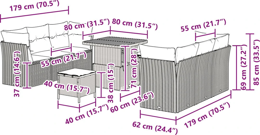 Sodo Sofų Rinkinys su pagalve 9 pcs Juoda poliratanas