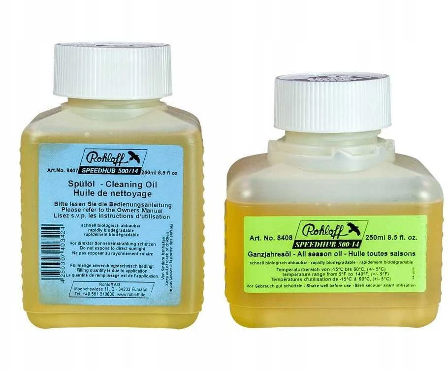 Rohloff ROHLOFF OIL OF SPEEDHUB 500/14 alyvų rinkinys - 250ML SKARDINĖ RINKINYS 10 alyvos keitimams (Valymo alyva 250ml + Visasezoninė alyva 125ml / 10 keitimų)