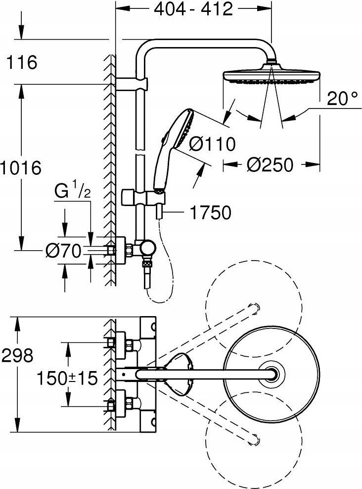 Grohe Tempesta 250 termostatinė dušo sistema. chromas
