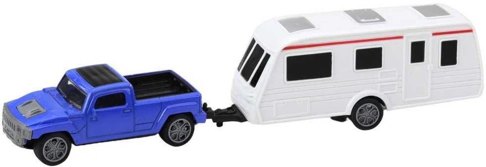 Lean Toys Mėlynas automobilio ir kemperio priekabos metalinis rinkinys