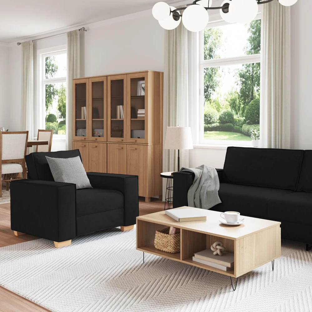 Sofa 3 vnt. Juoda Lino mišinio audinys