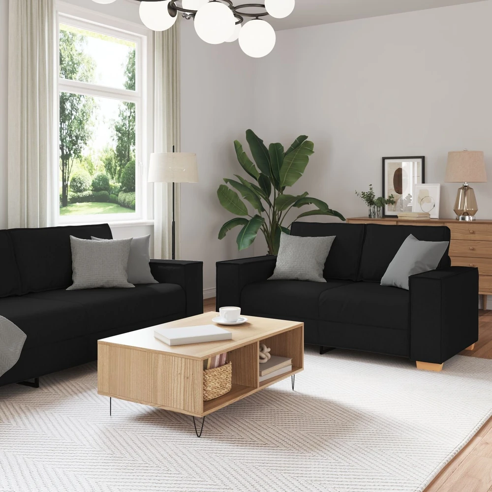 Sofa 3 vnt. Juoda Lino mišinio audinys
