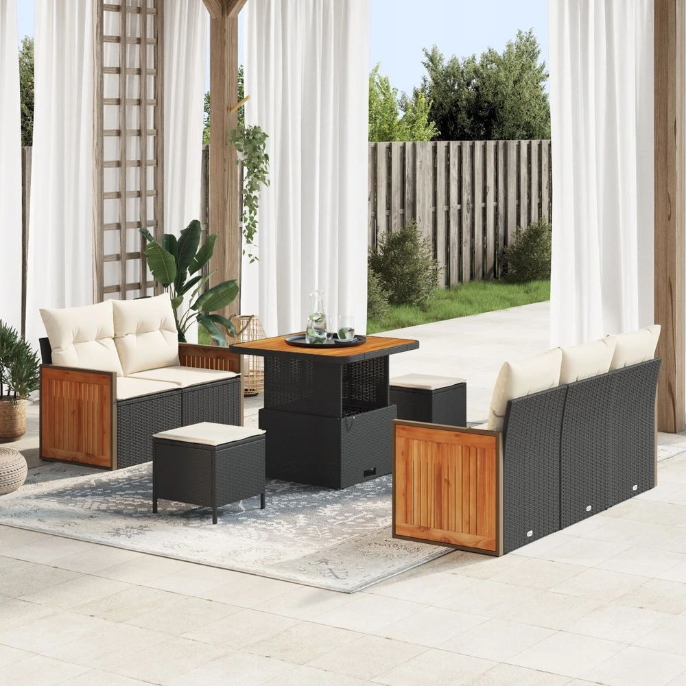 Sodo Sofų Rinkinys 8 pcs 7-Seater Juoda ir kreminė