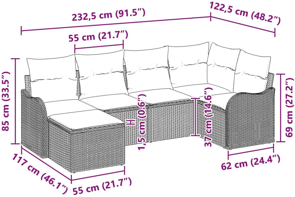 Lauko baldų komplektas Sodo Sofų Rinkinys su pagalve 6 pcs Ruda Poli ratanas