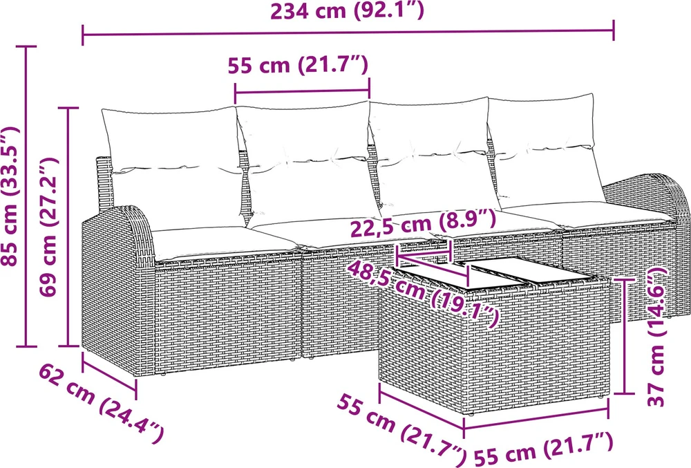Sodo Sofų Rinkinys 5 pcs 4-Seater Pilka poliratanas