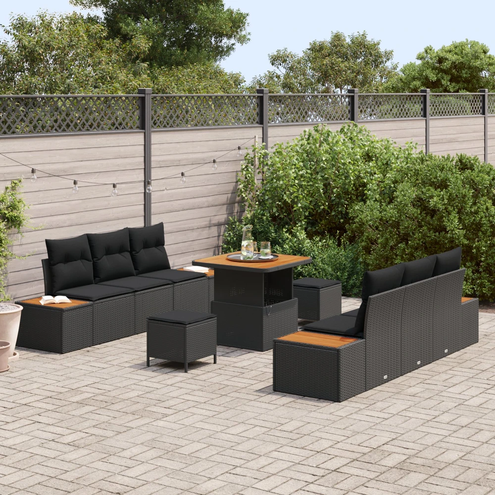 Lauko baldų komplektas Sodo Sofų Rinkinys 9 pcs Juoda poliratanas