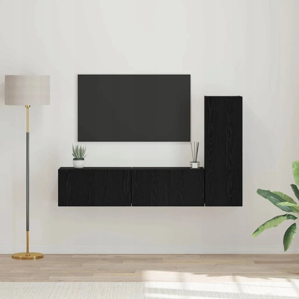 TV staliukas TV spintelių komplektas 3 vnt. Juodas ąžuolas Apdirbta mediena