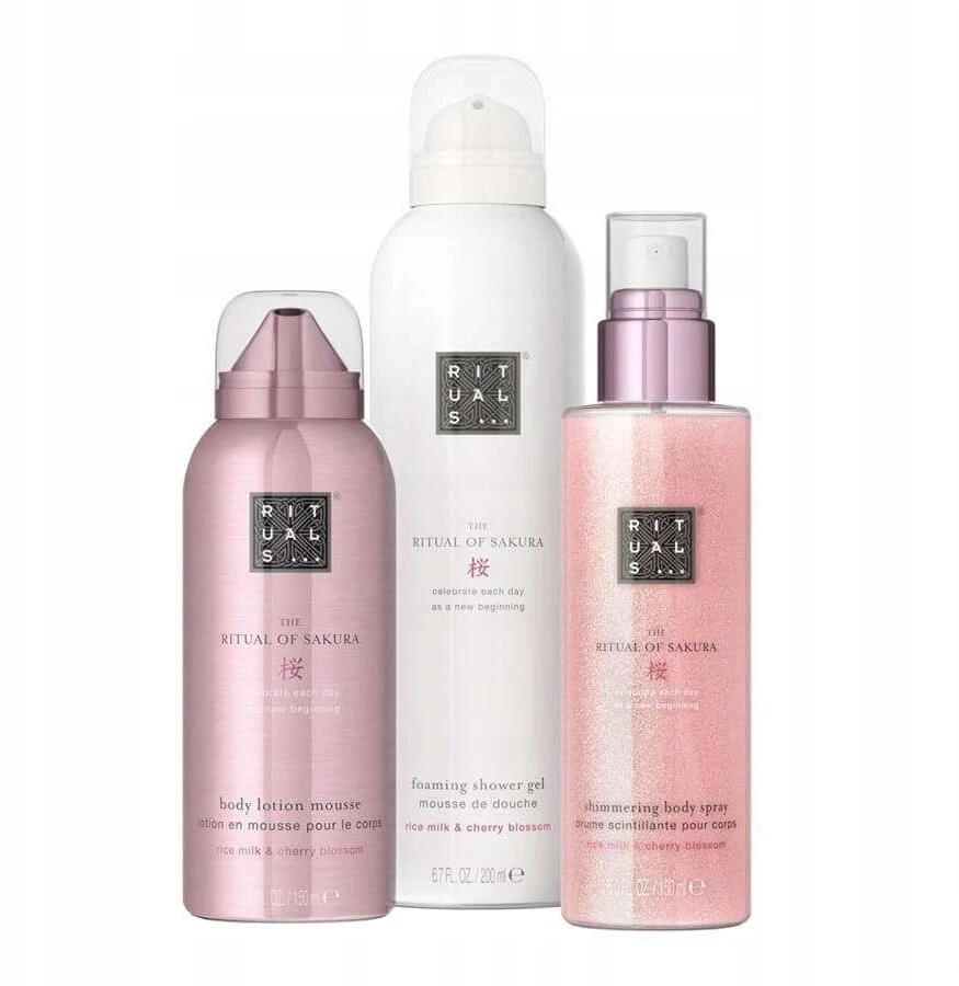 Rituals rinkinys: The Ritual Of Sakura dušo putos, 200 ml + The Ritual Of Sakura blizgus kūno purškiklis, 150 ml + The Ritual Of Sakura kūno losjonas, 150 ml moterims