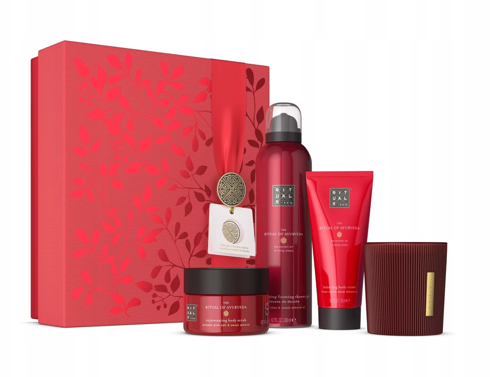 Dovanų rinkinys Rituals The Ritual of Ayurveda (125 g kūno šveitiklis + 100 ml kremas + 200 ml putojanti dušo želė + 140 g žvakė)