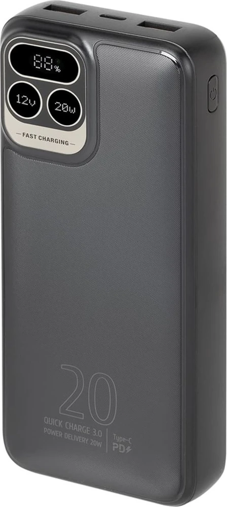 „RivaCase“ išorinė baterija 20 000 mAh USB-C 20 W LCD, 1 x įvestis/išvestis USB-C PD 20 W, 2 x USB-A QC 3.0 18 W, juoda