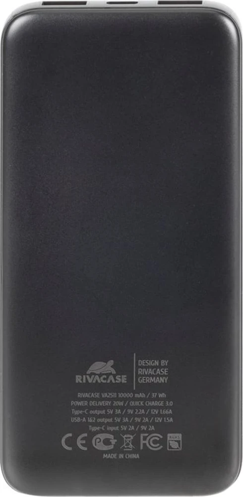 „RivaCase“ išorinė baterija 10.000 mAh USB-C 20W LCD 1X WE/WY USB-C PD 20W 2X USB-A QC 3.0 18W juoda