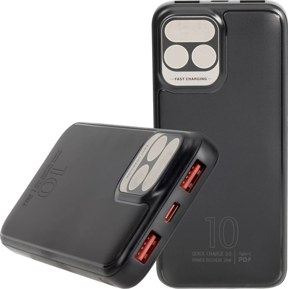 „RivaCase“ išorinė baterija 10.000 mAh USB-C 20W LCD 1X WE/WY USB-C PD 20W 2X USB-A QC 3.0 18W juoda